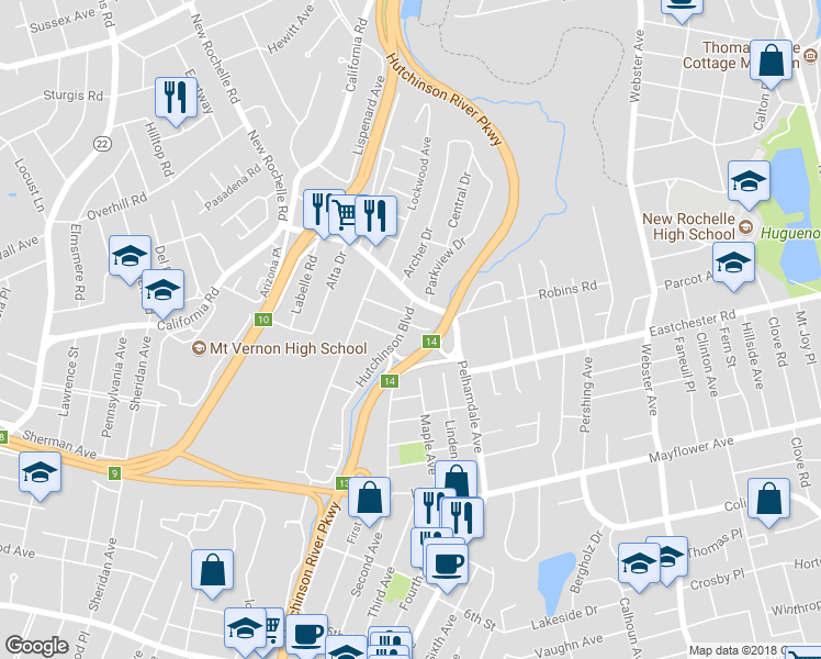 map of restaurants, bars, coffee shops, grocery stores, and more near 367 Hutchinson Boulevard in Mount Vernon