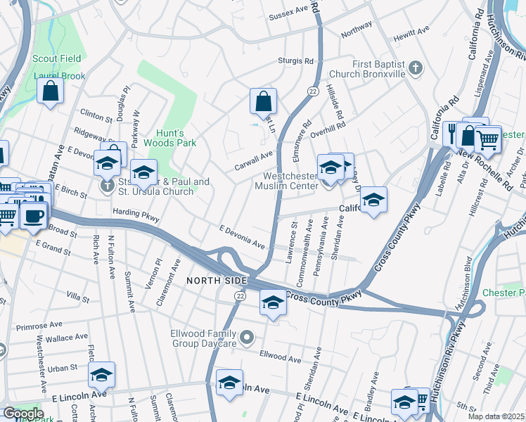 map of restaurants, bars, coffee shops, grocery stores, and more near 29 Alameda Place in Mount Vernon