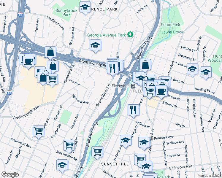 map of restaurants, bars, coffee shops, grocery stores, and more near 800 Bronx River Road in Yonkers