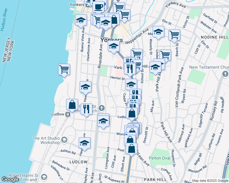 map of restaurants, bars, coffee shops, grocery stores, and more near 96 Highland Avenue in Yonkers
