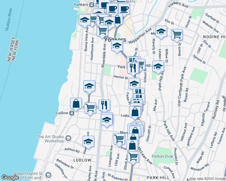 map of restaurants, bars, coffee shops, grocery stores, and more near 96 Highland Avenue in Yonkers