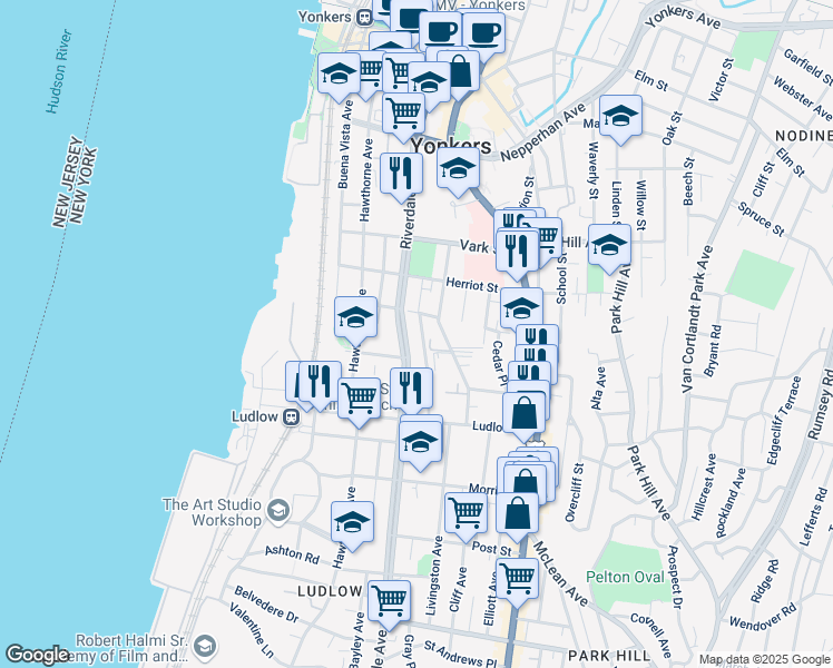 map of restaurants, bars, coffee shops, grocery stores, and more near 200 Riverdale Avenue in Yonkers