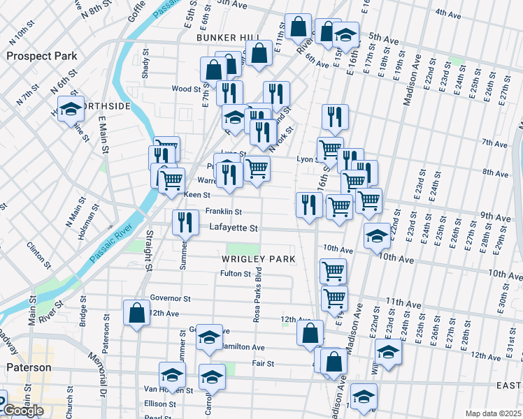 map of restaurants, bars, coffee shops, grocery stores, and more near 79 Rosa Parks Boulevard in Paterson