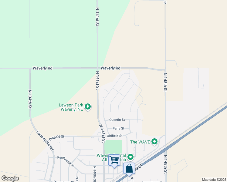 map of restaurants, bars, coffee shops, grocery stores, and more near 11830 North 143rd Street in Waverly