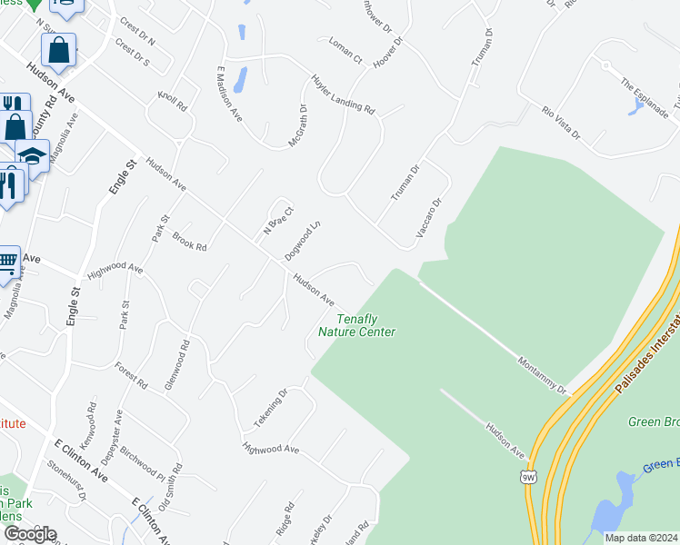 map of restaurants, bars, coffee shops, grocery stores, and more near 20 Stonybrook Road in Tenafly