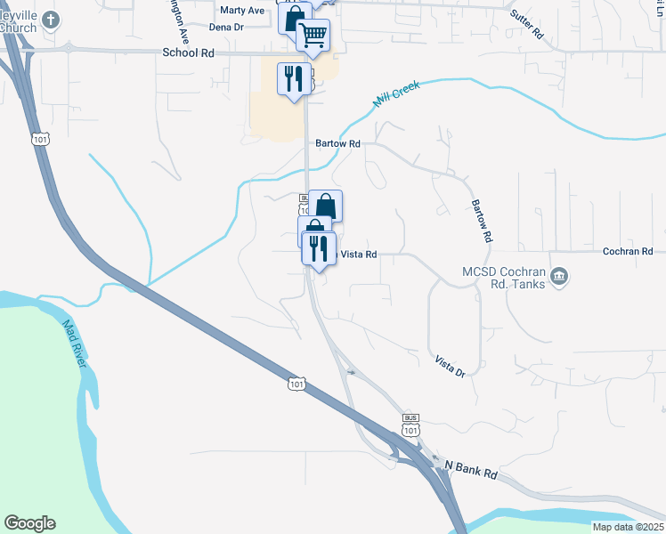 map of restaurants, bars, coffee shops, grocery stores, and more near 1171 Central Avenue in McKinleyville