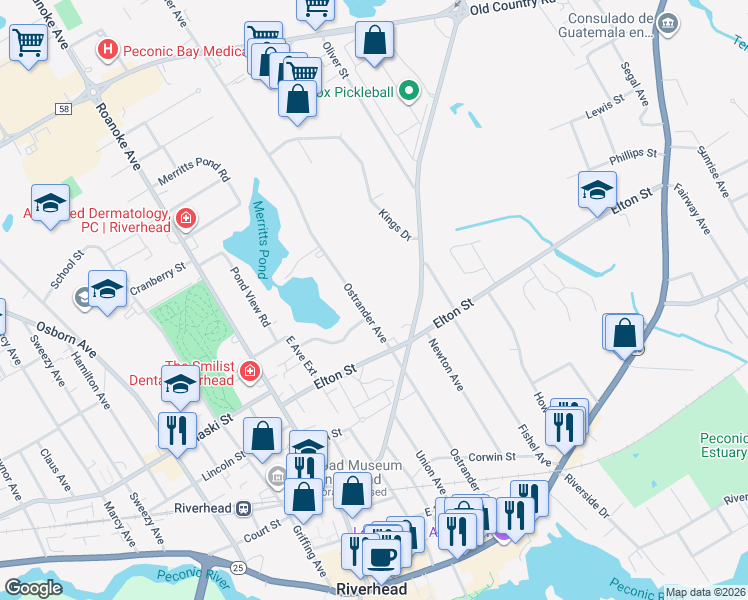 map of restaurants, bars, coffee shops, grocery stores, and more near 832 Ostrander Avenue in Riverhead