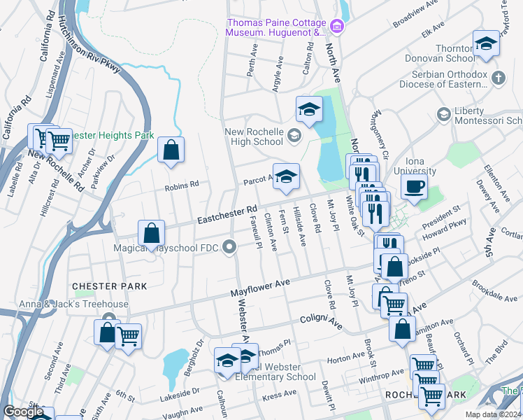 map of restaurants, bars, coffee shops, grocery stores, and more near 274 Clinton Avenue in New Rochelle