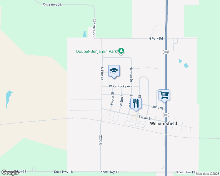 map of restaurants, bars, coffee shops, grocery stores, and more near 401-419 W Parkview St in Williamsfield