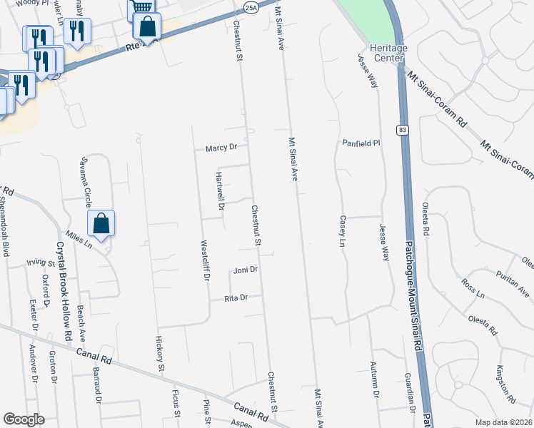 map of restaurants, bars, coffee shops, grocery stores, and more near 99 Chestnut Street in Mount Sinai