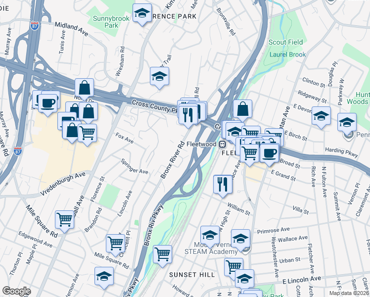 map of restaurants, bars, coffee shops, grocery stores, and more near 800 Bronx River Road in Yonkers