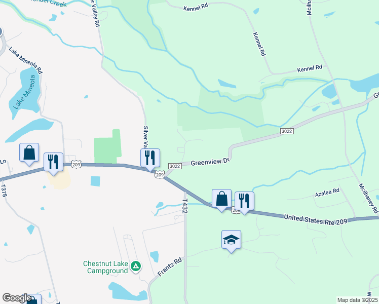 map of restaurants, bars, coffee shops, grocery stores, and more near 542 Lamplight Lane in Brodheadsville