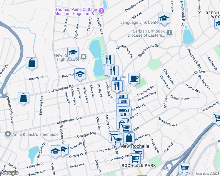 map of restaurants, bars, coffee shops, grocery stores, and more near 51 White Oak Street in New Rochelle