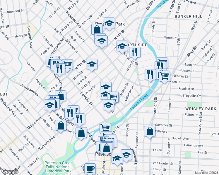 map of restaurants, bars, coffee shops, grocery stores, and more near 70 Jefferson Street in Paterson