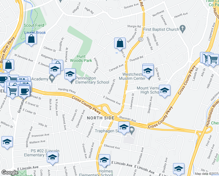map of restaurants, bars, coffee shops, grocery stores, and more near 15 Rockridge Road in Mount Vernon