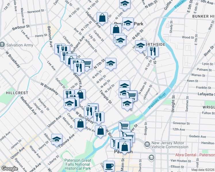 map of restaurants, bars, coffee shops, grocery stores, and more near 68-74 North 3rd Street in Paterson