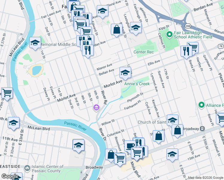map of restaurants, bars, coffee shops, grocery stores, and more near 8-04 Susan Place in Fair Lawn
