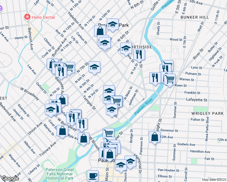 map of restaurants, bars, coffee shops, grocery stores, and more near 84 Jefferson Street in Paterson