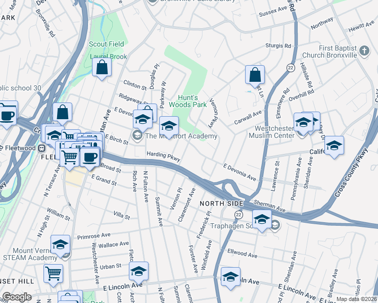 map of restaurants, bars, coffee shops, grocery stores, and more near 236 East Devonia Avenue in Mount Vernon