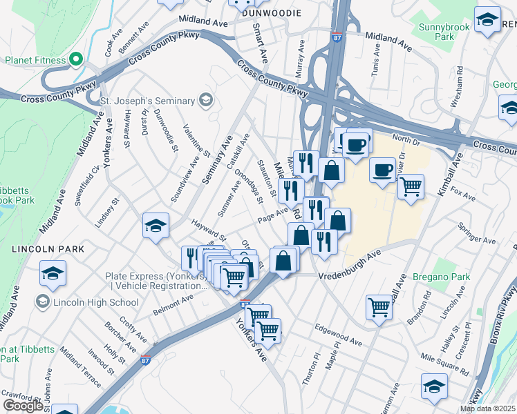 map of restaurants, bars, coffee shops, grocery stores, and more near 103 Page Avenue in Yonkers