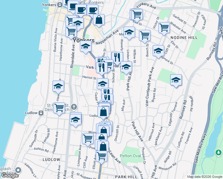 map of restaurants, bars, coffee shops, grocery stores, and more near 12 Bright Place in Yonkers