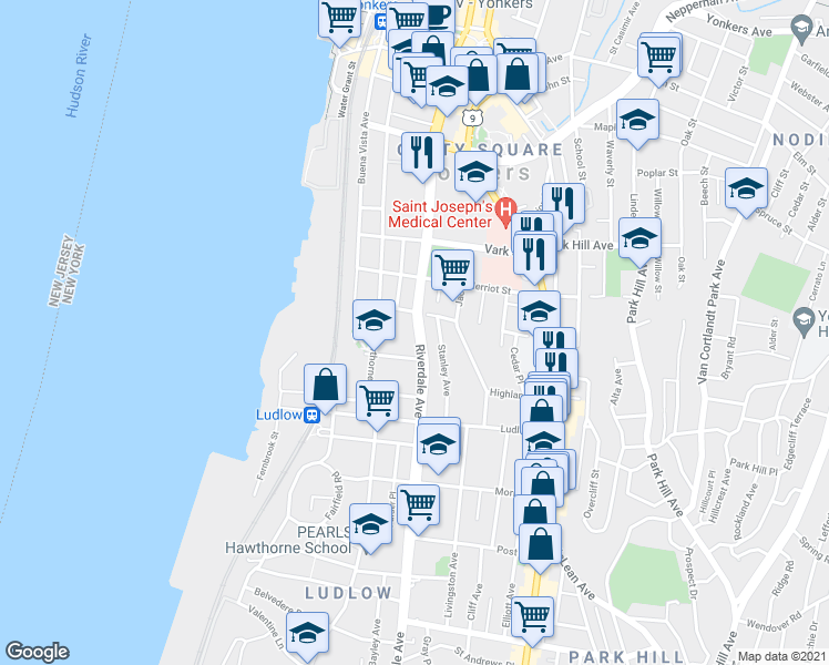 map of restaurants, bars, coffee shops, grocery stores, and more near 200 Riverdale Avenue in Yonkers