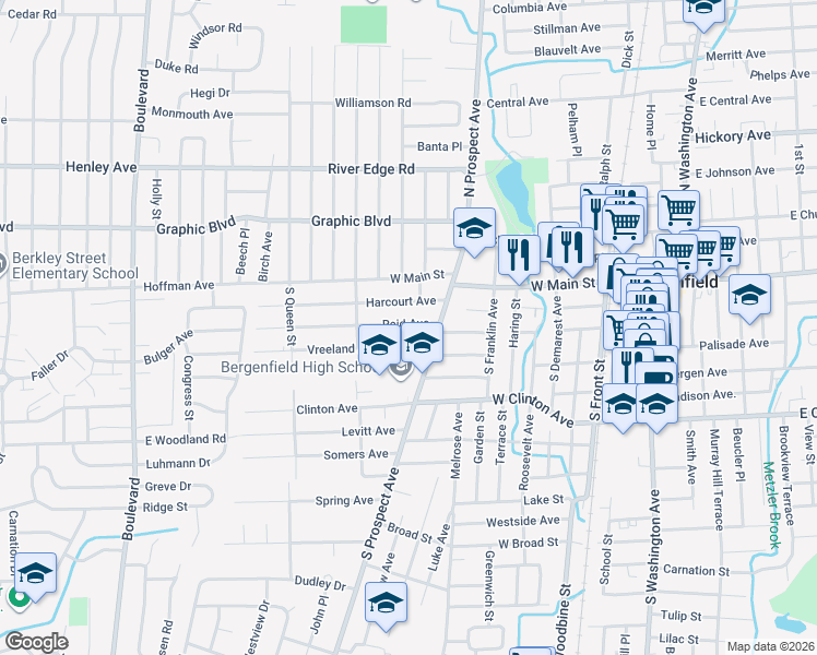 map of restaurants, bars, coffee shops, grocery stores, and more near 95 Vreeland Avenue in Bergenfield