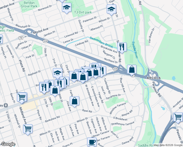 map of restaurants, bars, coffee shops, grocery stores, and more near 371 Broadway in Fair Lawn