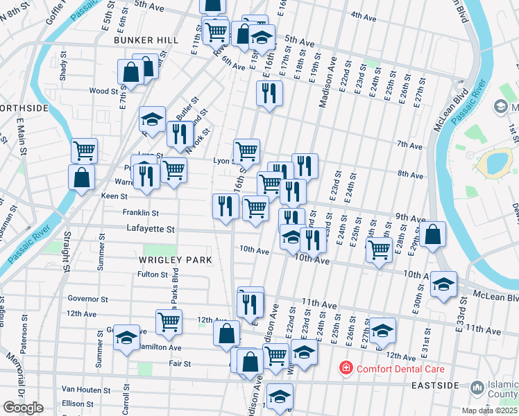map of restaurants, bars, coffee shops, grocery stores, and more near 250 Franklin Street in Paterson