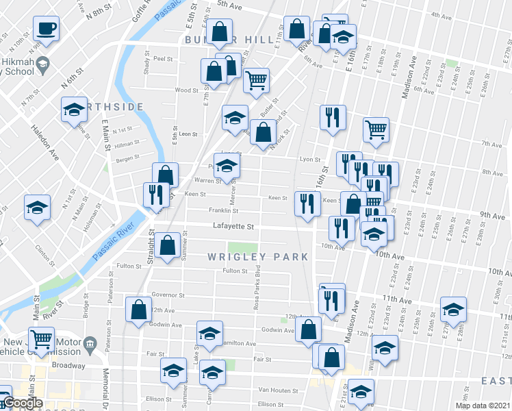 map of restaurants, bars, coffee shops, grocery stores, and more near 79 Rosa Parks Boulevard in Paterson