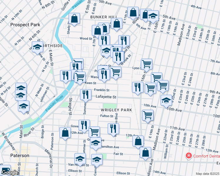 map of restaurants, bars, coffee shops, grocery stores, and more near 124 Franklin Street in Paterson