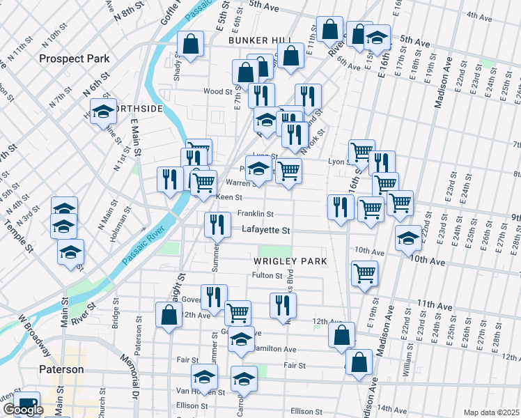 map of restaurants, bars, coffee shops, grocery stores, and more near 124 Franklin Street in Paterson