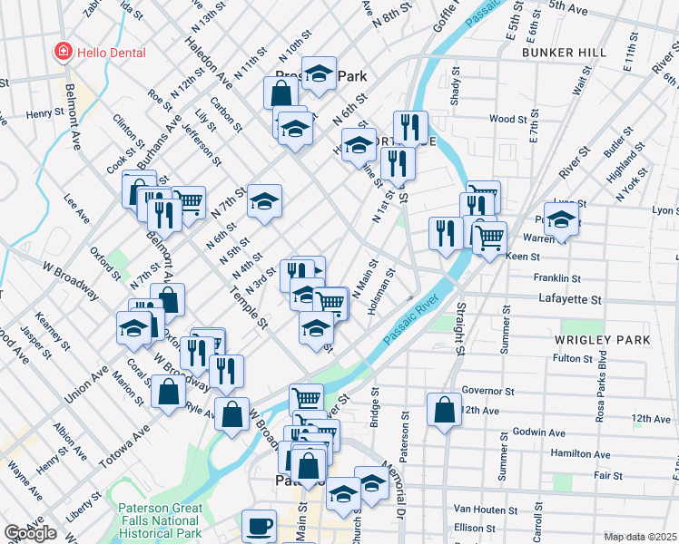map of restaurants, bars, coffee shops, grocery stores, and more near 70 Jefferson Street in Paterson