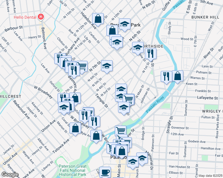 map of restaurants, bars, coffee shops, grocery stores, and more near 81 Arch Street in Paterson
