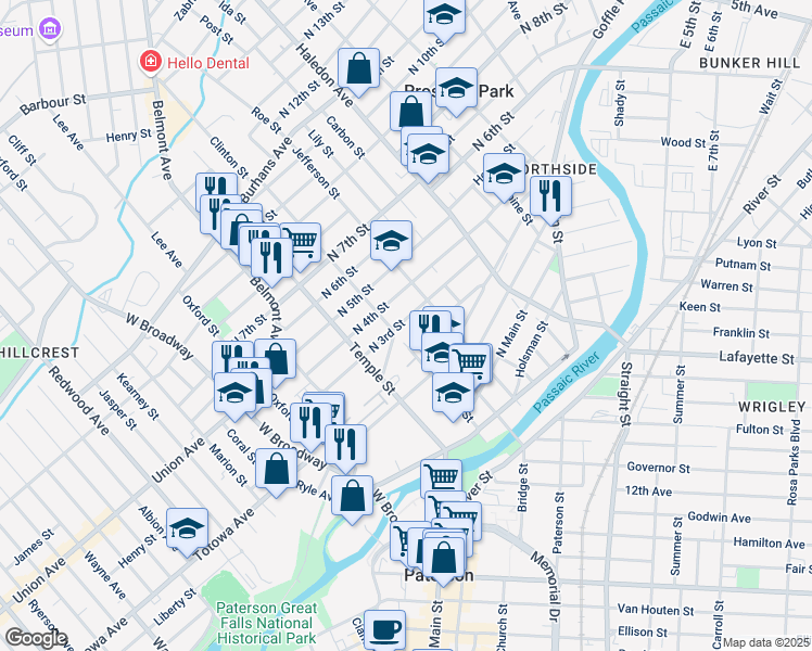 map of restaurants, bars, coffee shops, grocery stores, and more near 68-74 North 3rd Street in Paterson