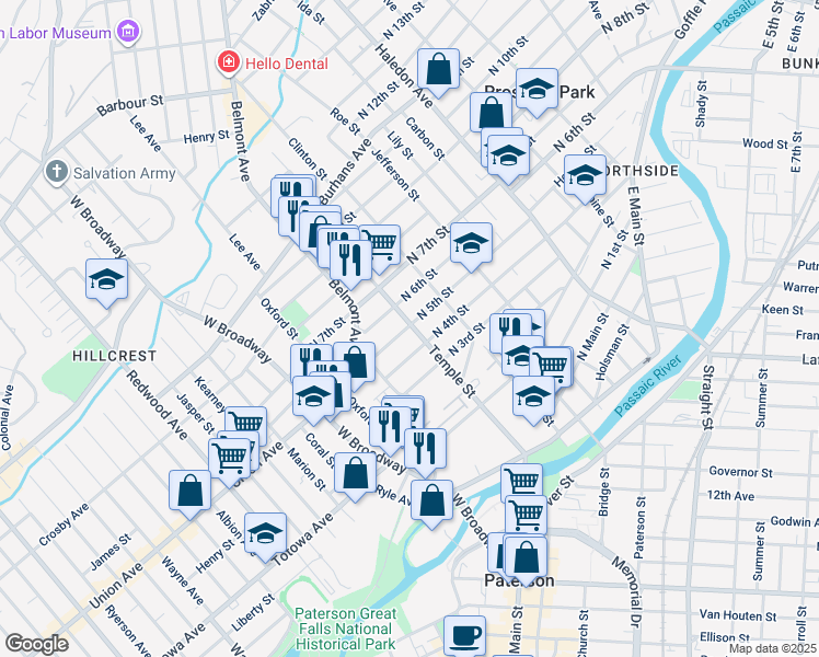 map of restaurants, bars, coffee shops, grocery stores, and more near 20 North 5th Street in Paterson