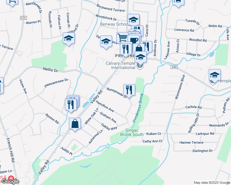 map of restaurants, bars, coffee shops, grocery stores, and more near 507 Runnymeade Drive in Wayne