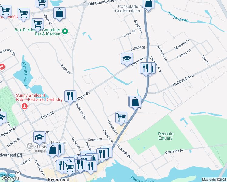 map of restaurants, bars, coffee shops, grocery stores, and more near 72 Strawberry Commons in Riverhead