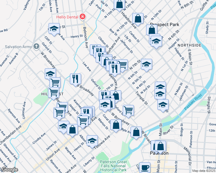 map of restaurants, bars, coffee shops, grocery stores, and more near 23 North 7th Street in Paterson