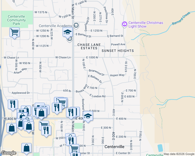 map of restaurants, bars, coffee shops, grocery stores, and more near 243 Balsam Drive in Centerville