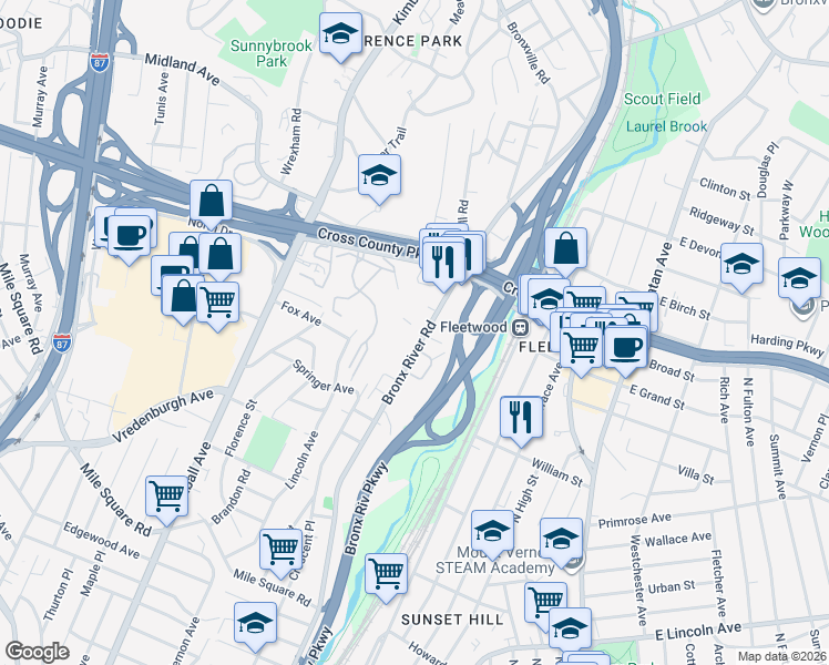 map of restaurants, bars, coffee shops, grocery stores, and more near 800 Bronx River Road in Yonkers