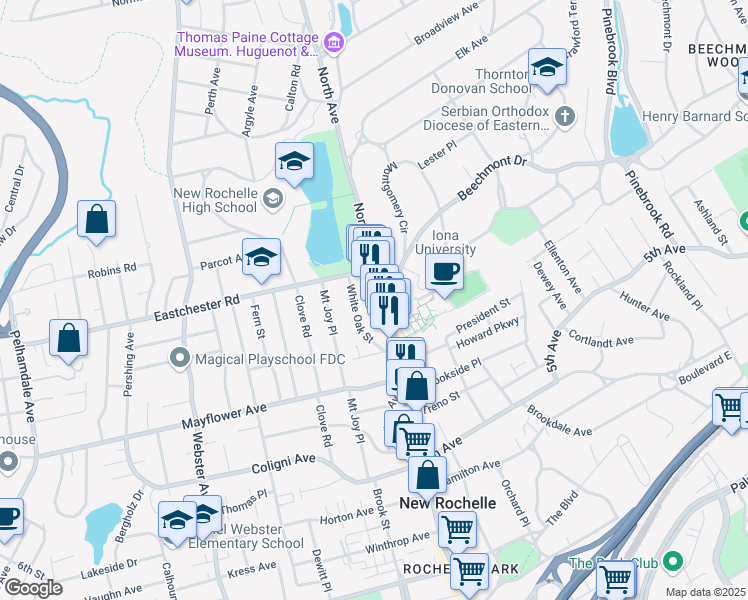 map of restaurants, bars, coffee shops, grocery stores, and more near 51 White Oak Street in New Rochelle
