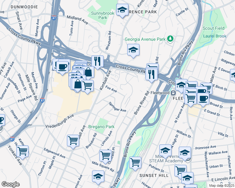 map of restaurants, bars, coffee shops, grocery stores, and more near 25 Springer Avenue in Yonkers