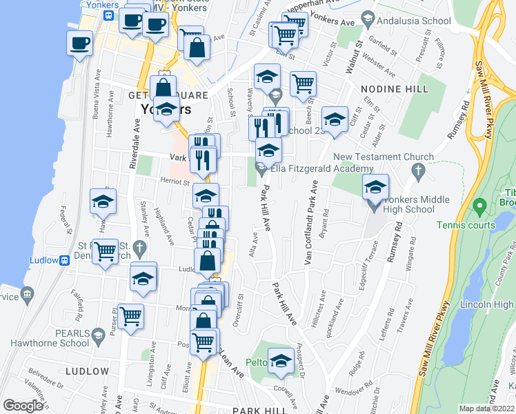 map of restaurants, bars, coffee shops, grocery stores, and more near 141 Park Hill Avenue in Yonkers