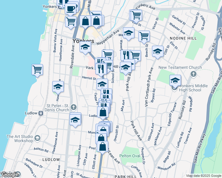 map of restaurants, bars, coffee shops, grocery stores, and more near 12 Bright Place in Yonkers