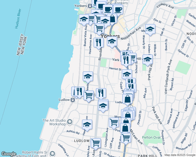 map of restaurants, bars, coffee shops, grocery stores, and more near 200 Riverdale Avenue in Yonkers