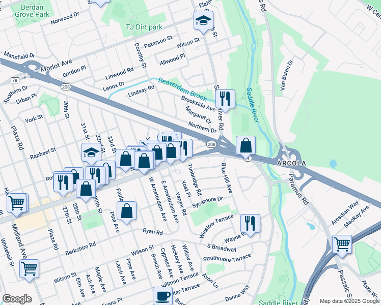 map of restaurants, bars, coffee shops, grocery stores, and more near 38-06 Broadway in Fair Lawn