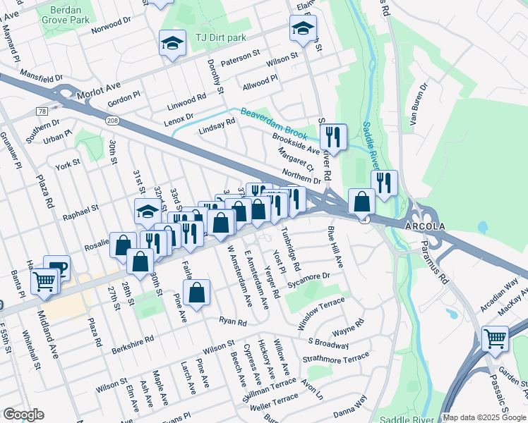 map of restaurants, bars, coffee shops, grocery stores, and more near 38-06 Broadway in Fair Lawn