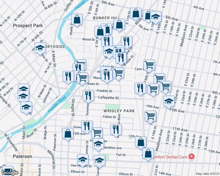 map of restaurants, bars, coffee shops, grocery stores, and more near 124 Franklin Street in Paterson