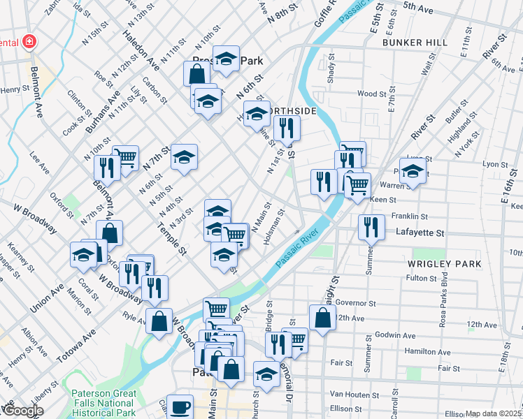 map of restaurants, bars, coffee shops, grocery stores, and more near 97 North Main Street in Paterson
